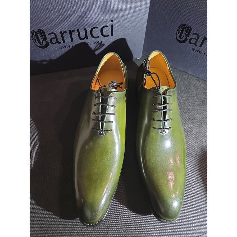 Carrucci Plain Toe Wholecut Oxford, Men's Dress Leather Shoes, Olive Size 11 D